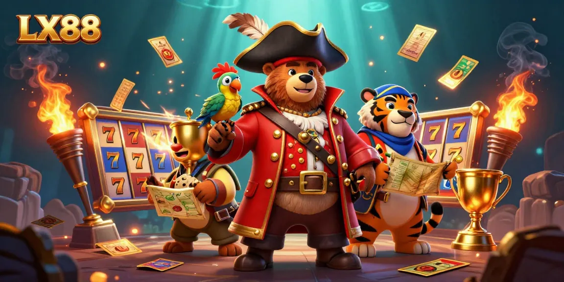 Engage in thrilling gameplay with LX88, featuring a pirate bear and tiger surrounded by glowing jackpot elements.