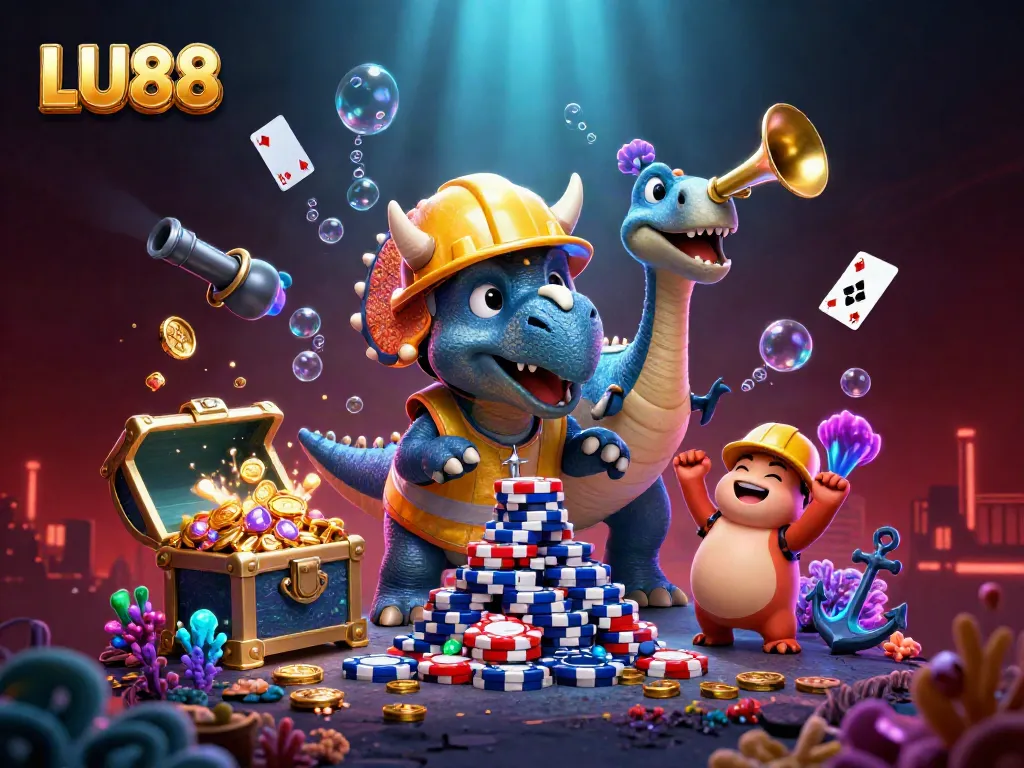 LU88 engages players with a thrilling casino scene filled with colorful poker chips and underwater treasures.