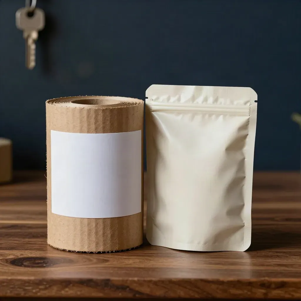 Carton corner, blank label roll, and sealed pouch on walnut under dramatic studio light.