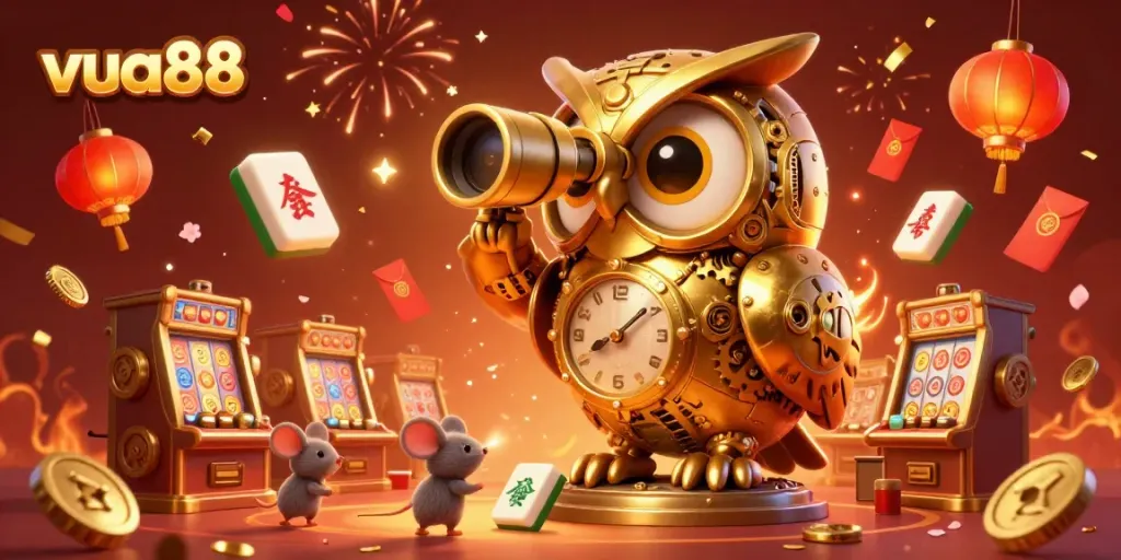 Engaging 3D illustration of vua88 showcasing a golden owl in a vibrant casino atmosphere, perfect for gamers.