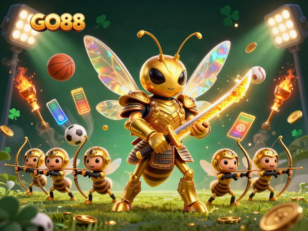 Experience thrilling action with GO88 in a dynamic 3D casino setting featuring a golden hornet and sports elements.