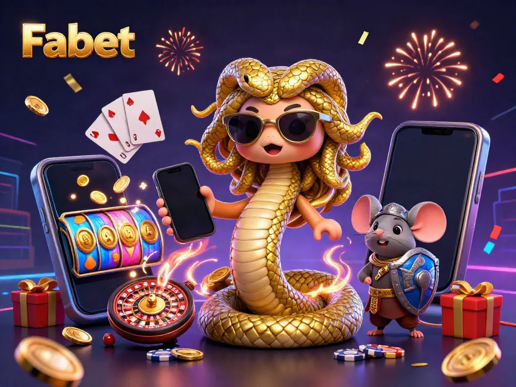 Engage with Fabet's vibrant 3D casino illustration featuring Medusa and a warrior mouse amidst gold, slots, and cards.