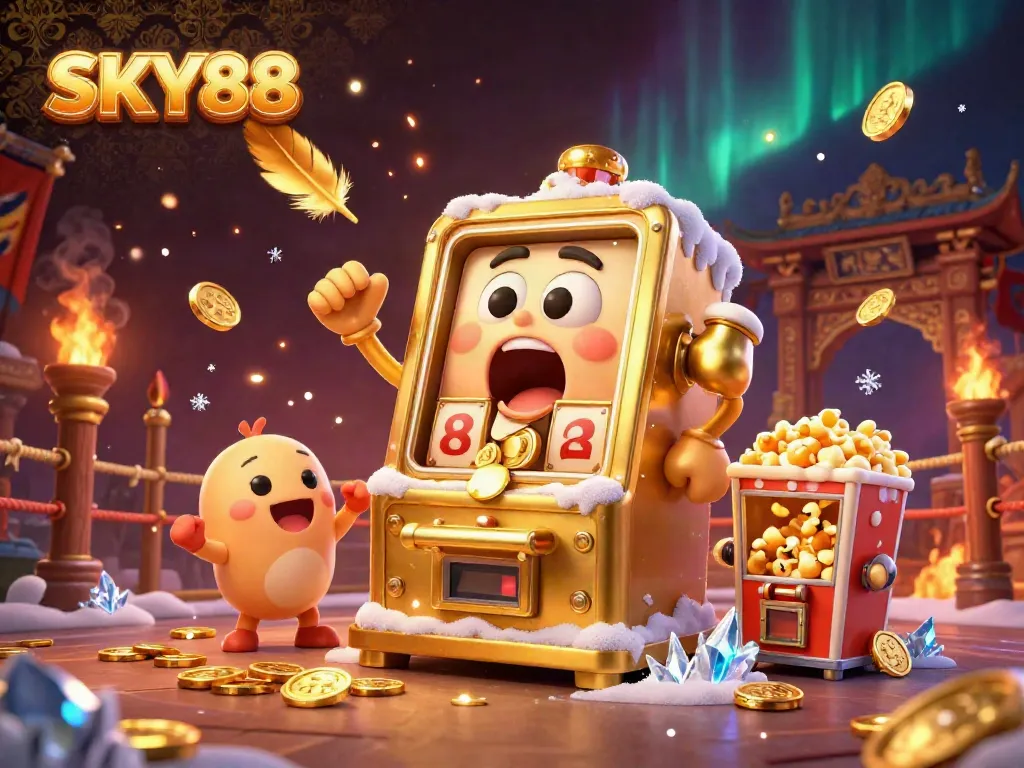 SKY88 slot machine surprising itself with a jackpot, surrounded by gold coins and cheering mini slot machines.