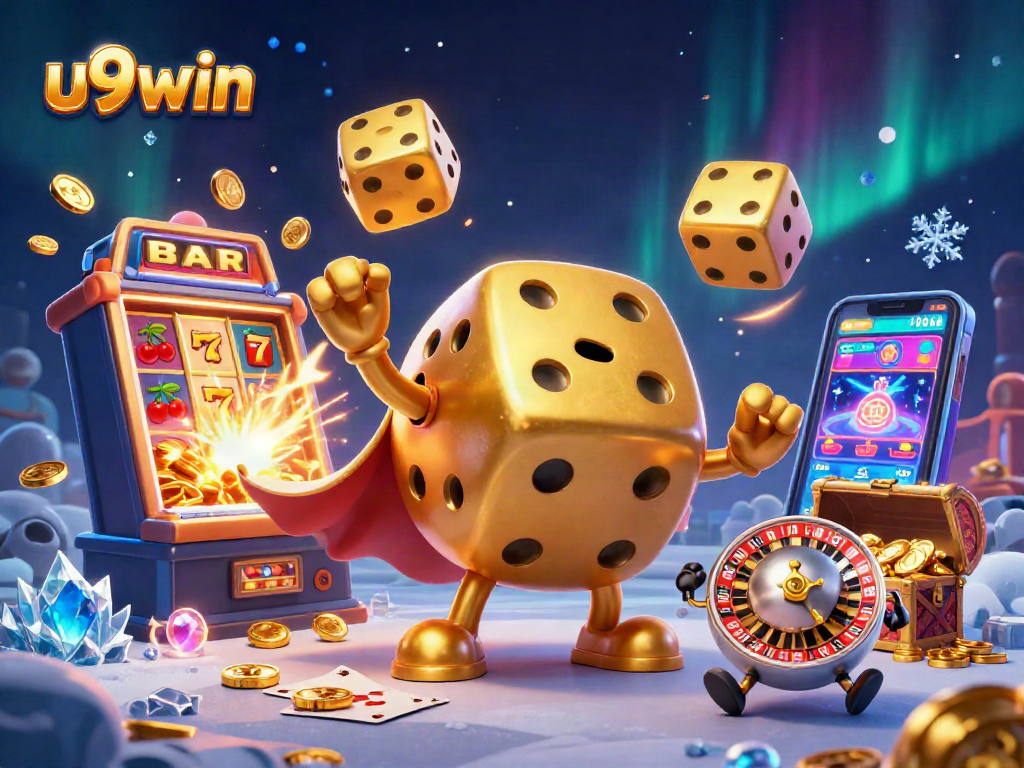 Engage with exciting casino action at u9win with golden dice golem and jackpot wins in a vibrant scene.