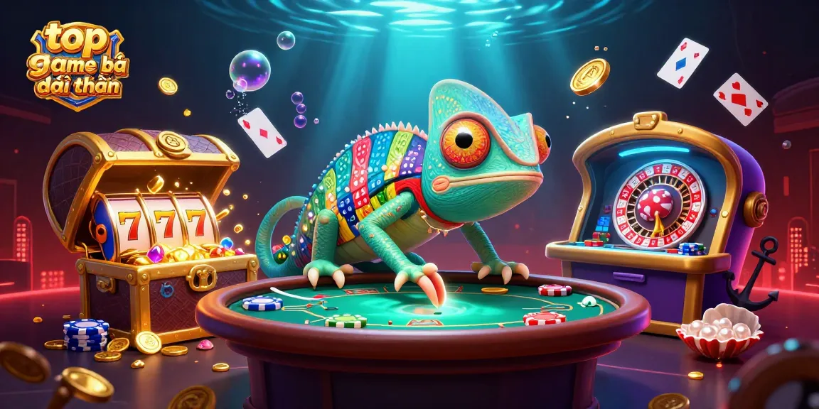 Experience top game bài đổi thưởng with a vibrant chameleon casino scene showcasing lively gaming elements.