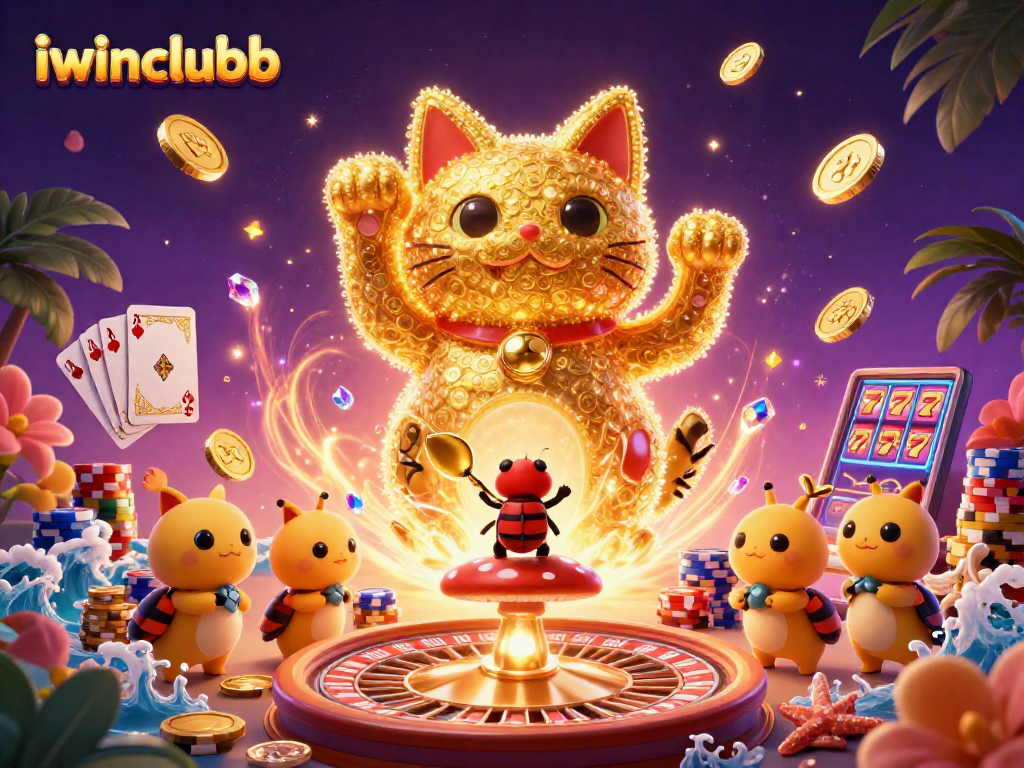 Engage in thrilling gameplay at iwinclubb with a vibrant lucky cat and casino symbols.