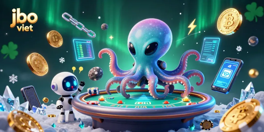Engage in thrilling poker with jbo viet as an alien octopus operates a futuristic table.
