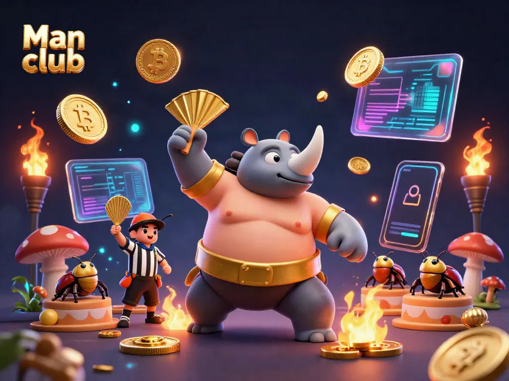 Engage in thrilling gaming at Man club, featuring a cartoon beetle champion amidst lottery prizes and crypto elements.