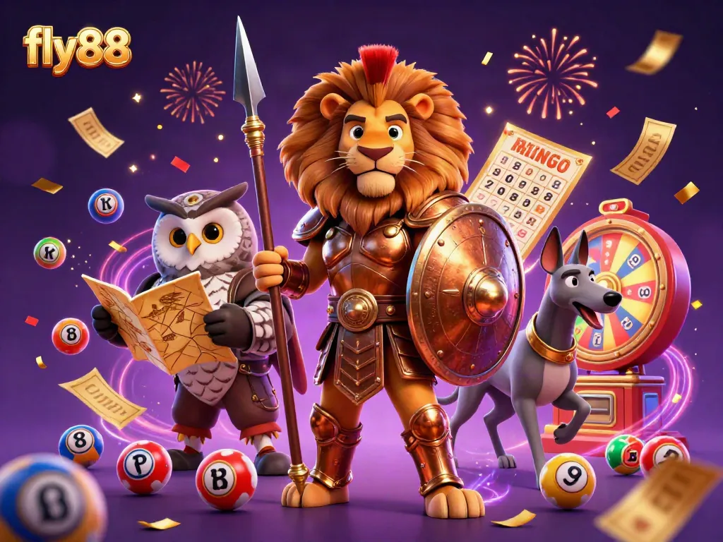 Experience exciting gameplay with fly88 as a lion, owl, and greyhound celebrate lottery wins amidst vibrant dynamic visuals.