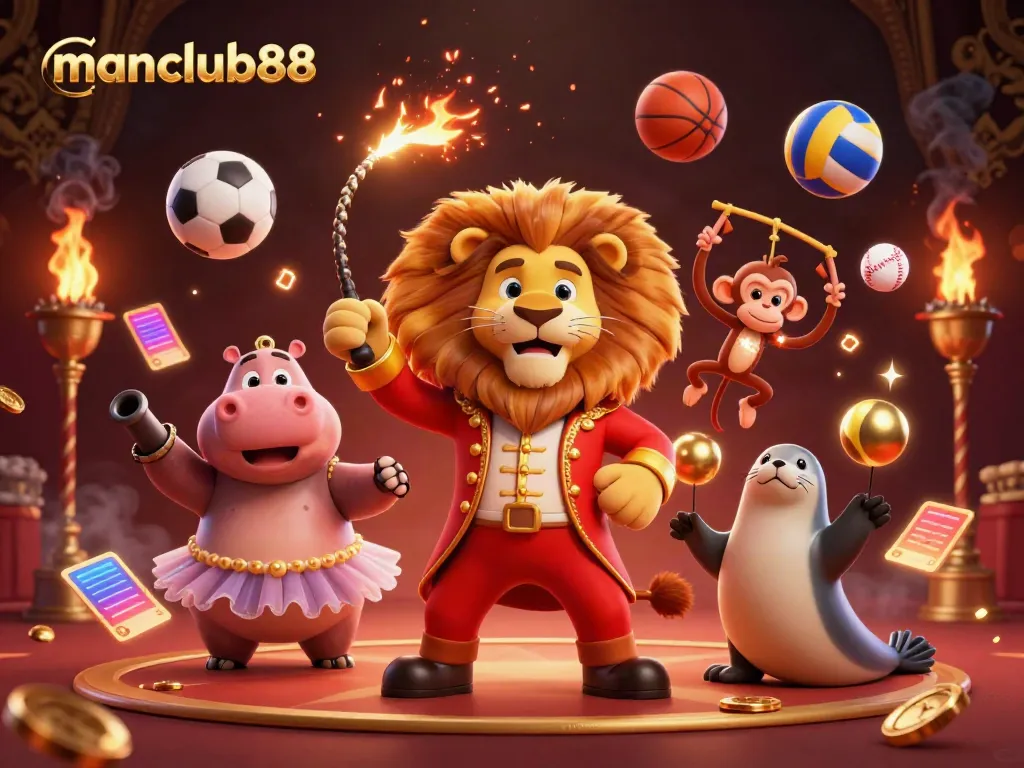 Experience the excitement of manclub88 with vibrant circus characters and sports elements in action.