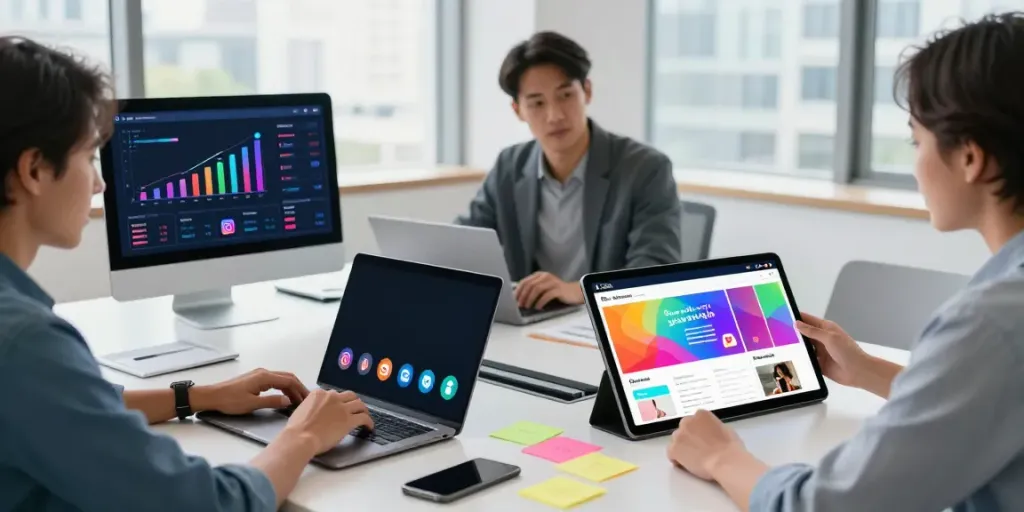 Professionals analyzing Instagram followers growth in a modern workspace