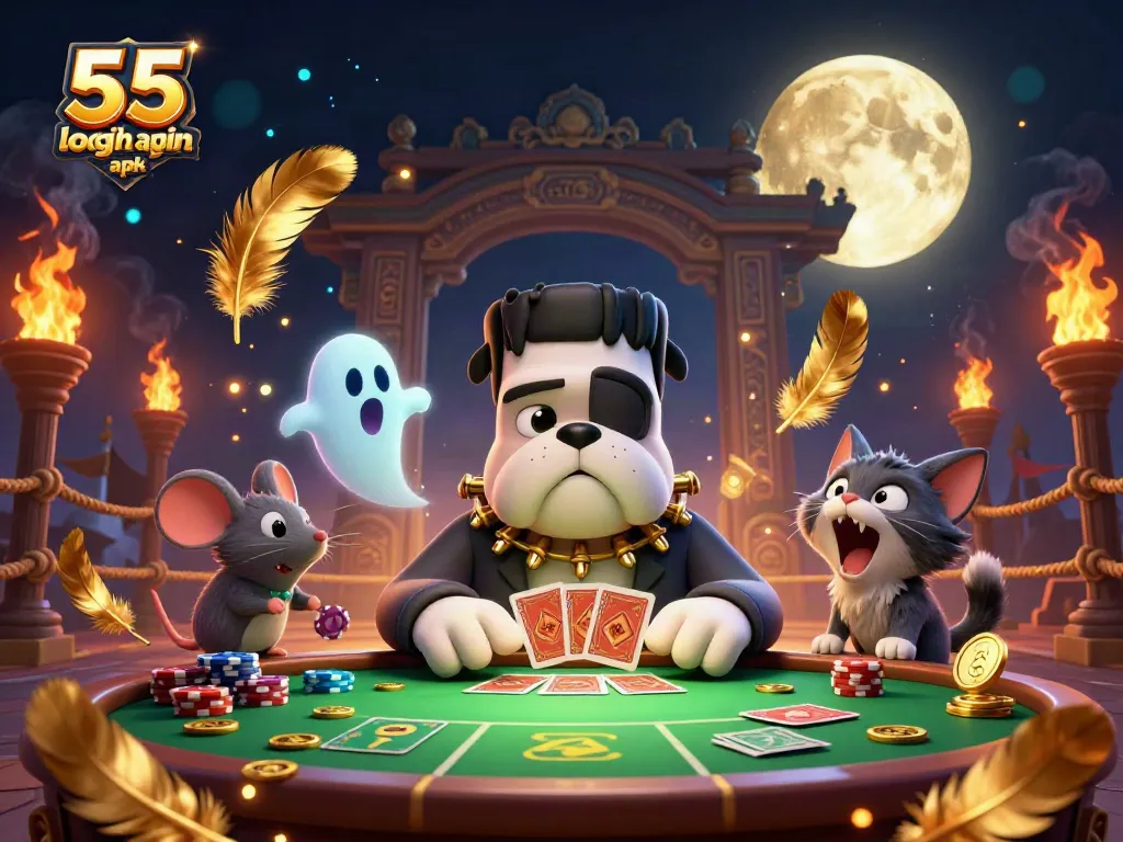 Engage with 55 club login apk at a spooky online casino with cartoon characters in action.