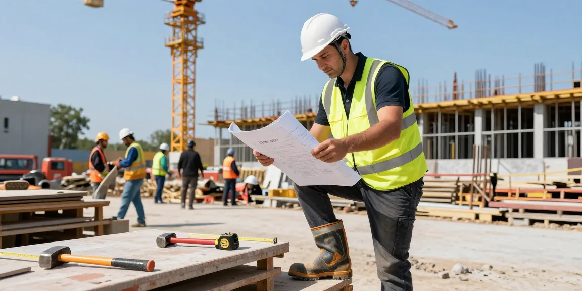 Construction worker wearing upower safety boots inspecting blueprints at a busy worksite