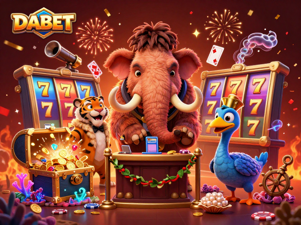 DABET VIP bouncer scene with slot reels and celebrating characters among rich casino elements