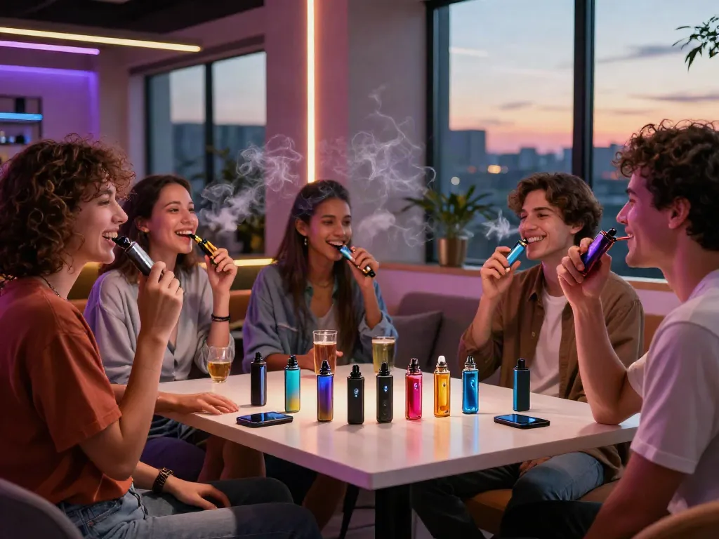 Social gathering showing the difference between nic salts and freebase with friends enjoying vaping in a modern lounge