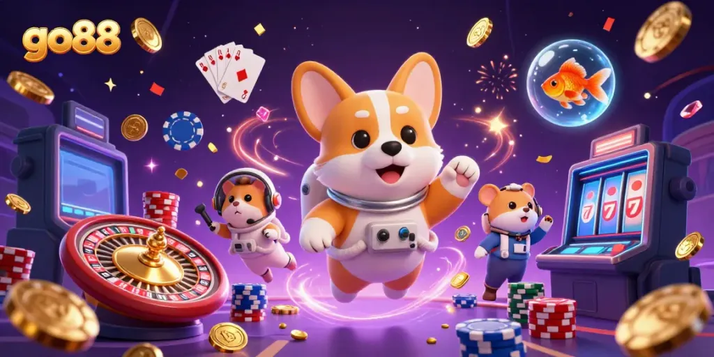 Experience the excitement of go88 with a vibrant 3D casino scene featuring an astronaut corgi and floating elements.