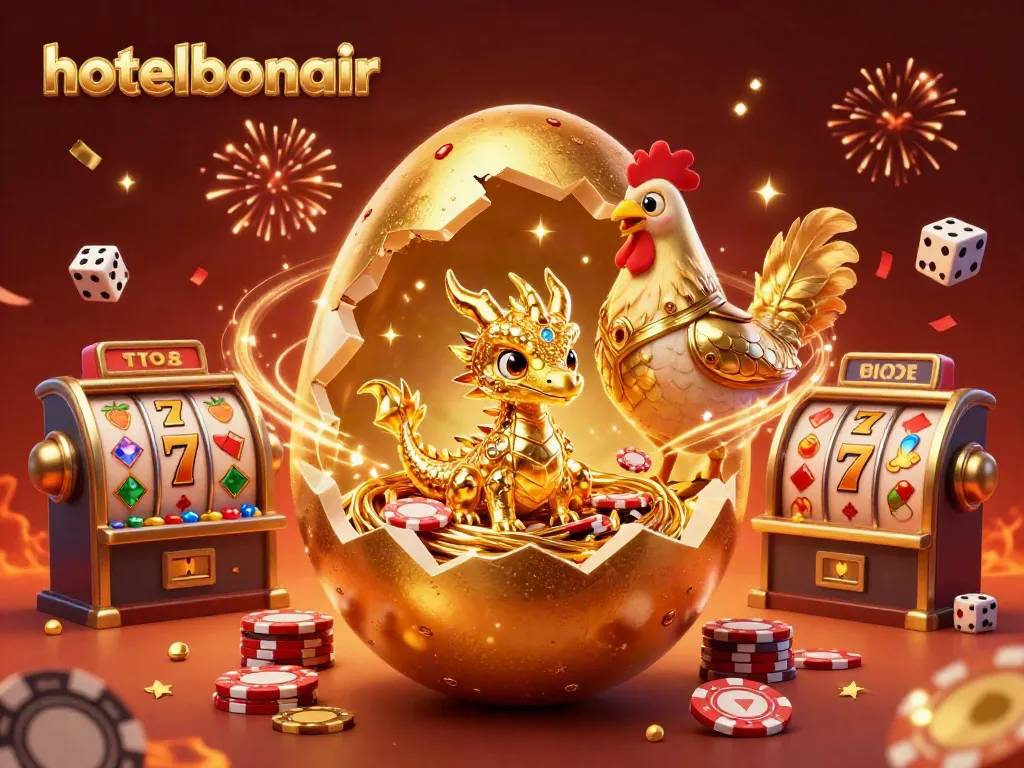 Engage in thrilling games at hotelbonair with vibrant casino elements, gold coins, and majestic dragon.