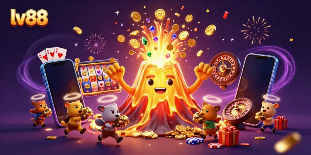 Experience thrilling wins at lv88 with a triumphant golden volcano erupting treasures in an exciting casino scene.