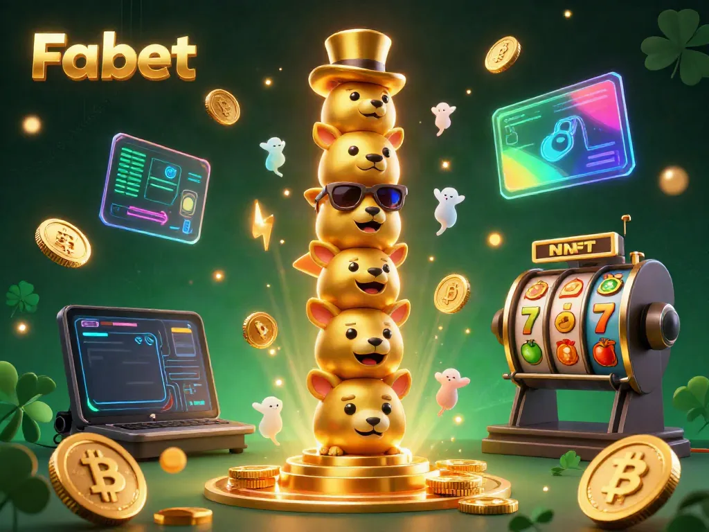 Experience dynamic casino fun with Fabet's 3D golden totem and crypto elements in a vibrant illustration.