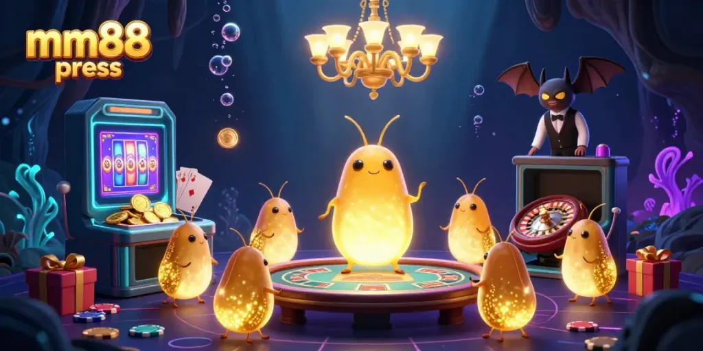 Experience thrilling gameplay with mm88 press at an illuminated cave casino, showcasing glowworms and vibrant slot action.