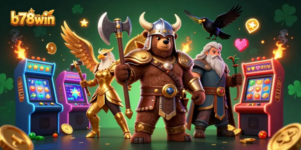 Engage with thrilling gaming at b78win, featuring a Viking bear and Valkyrie eagle amidst dynamic casino elements.