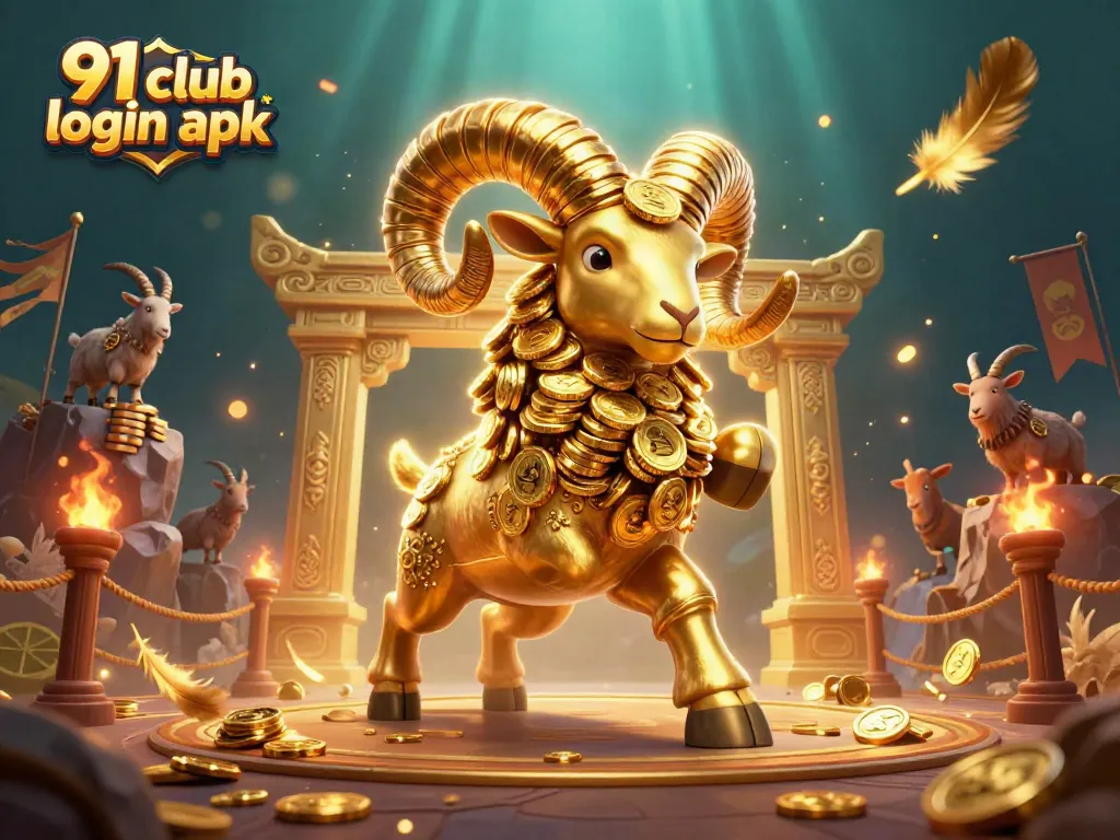 Engage with the 91 club login apk in a vibrant casino-themed illustration featuring a golden ram and exciting gaming elements.