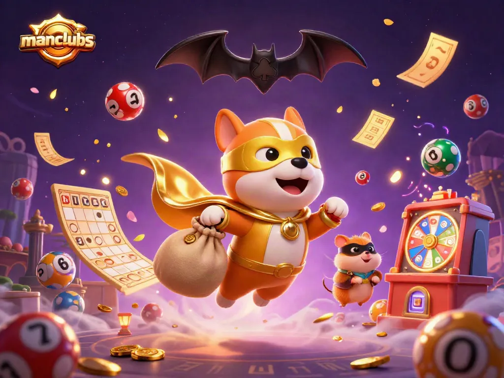 Experience the thrill of manclubs with a superhero dog flying, surrounded by vibrant lottery elements.