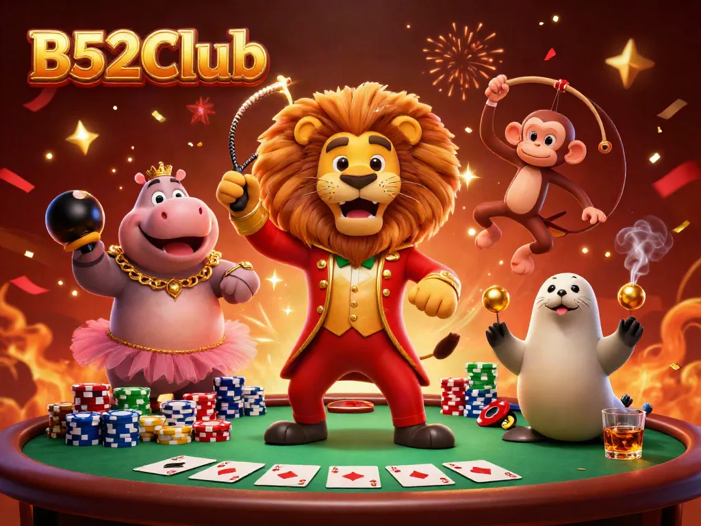 Experience the gaming excitement at B52Club with energetic circus characters and vibrant casino elements.