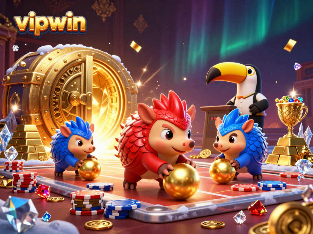 Engage with vipwin as rival pangolins roll through golden poker chips in a dynamic casino scene.