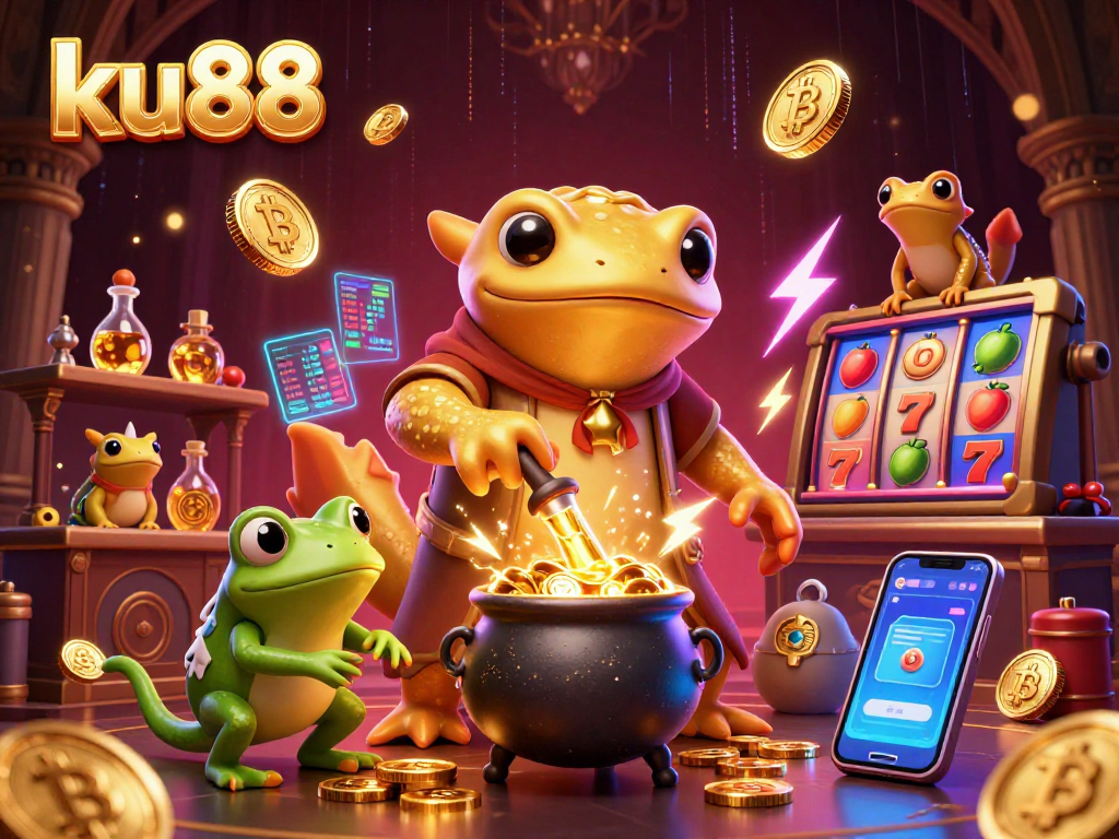 Experience excitement at ku88 with a vibrant 3D casino scene featuring gold alchemy and cryptocurrency elements.