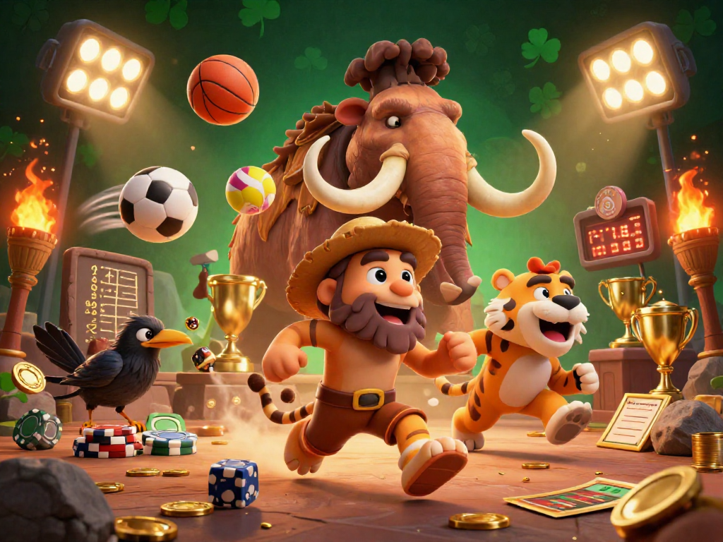 Experience thrilling gameplay at tx88 with energetic caveman and tiger duo in a prehistoric casino.