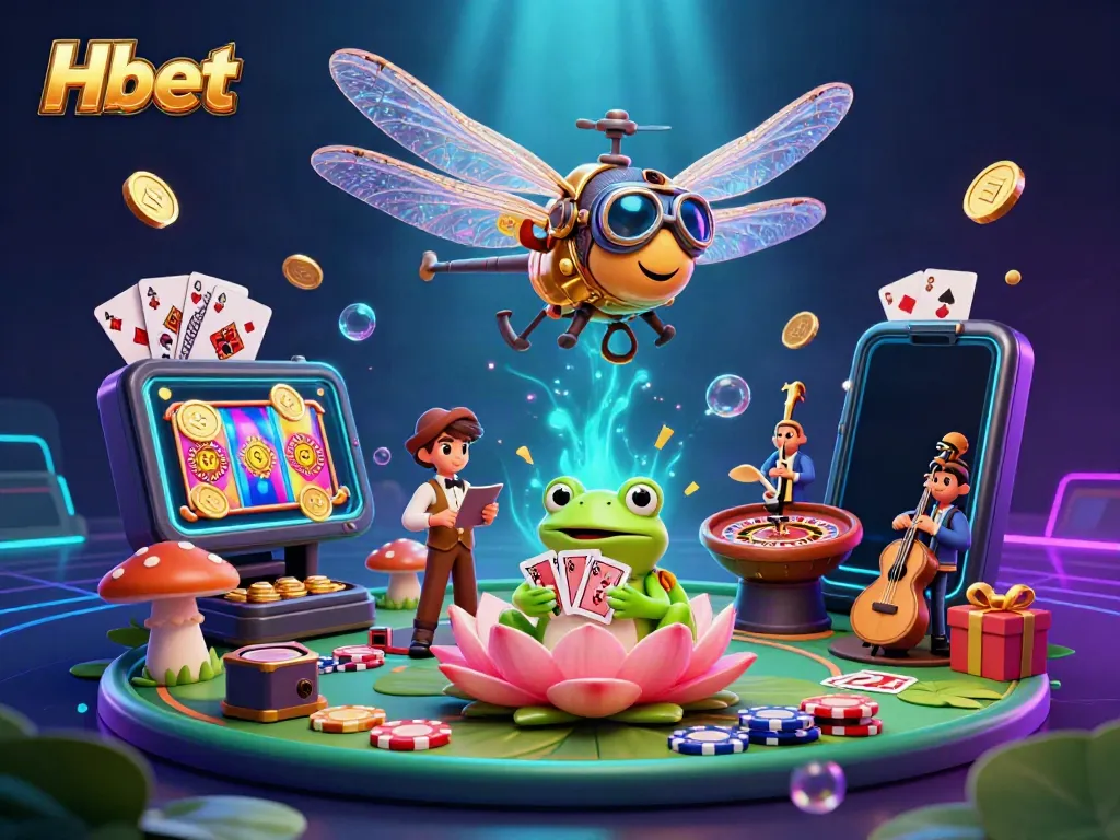 Experience the excitement of Hbet with a dragonfly pilot and frog croupier in a vibrant casino scene.