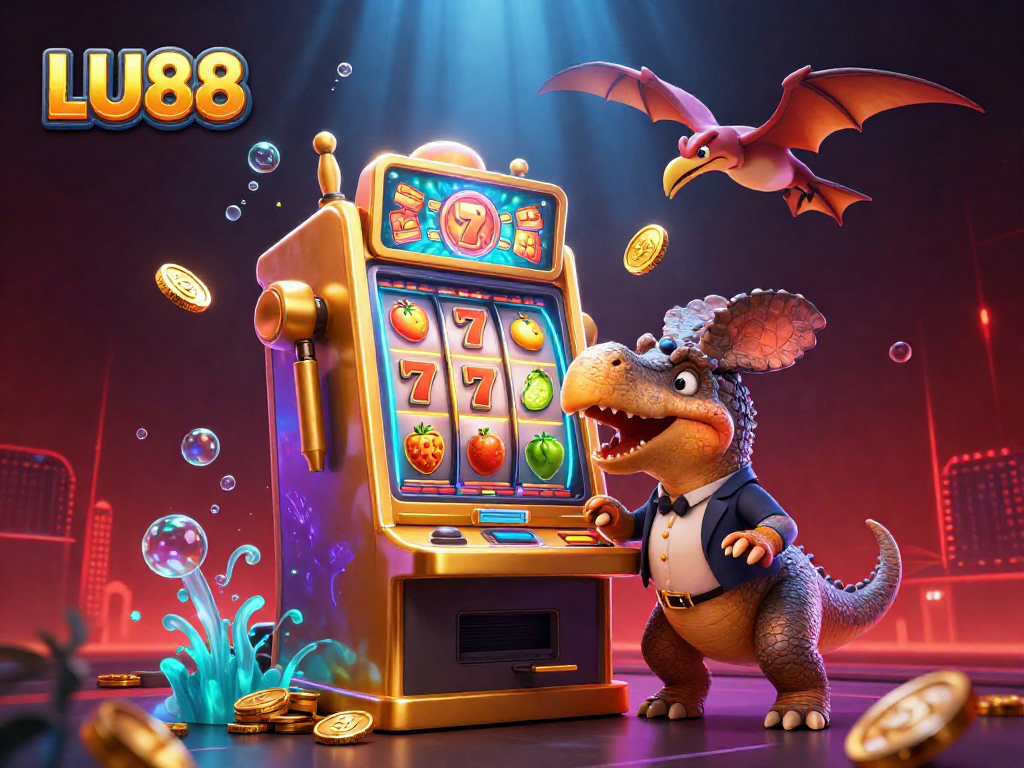 LU88 showcases a thrilling 3D scene of dinosaurs amidst a jubilant slot machine payout in a vibrant casino.