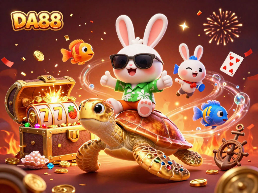 Play thrilling DA88 casino slots with a cheerful rabbit and golden turtle in a vibrant 3D underwater scene.