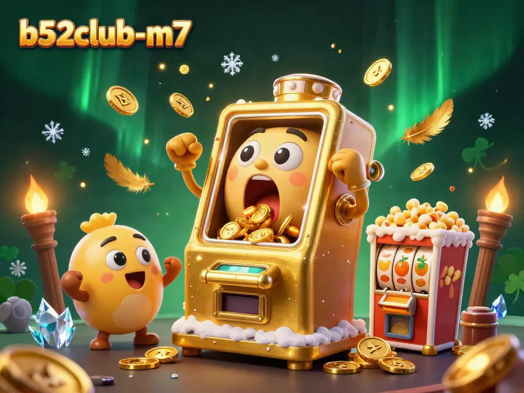 Spin the b52club-m7 jackpot with a lively scene of winning slot machines and gold coins!