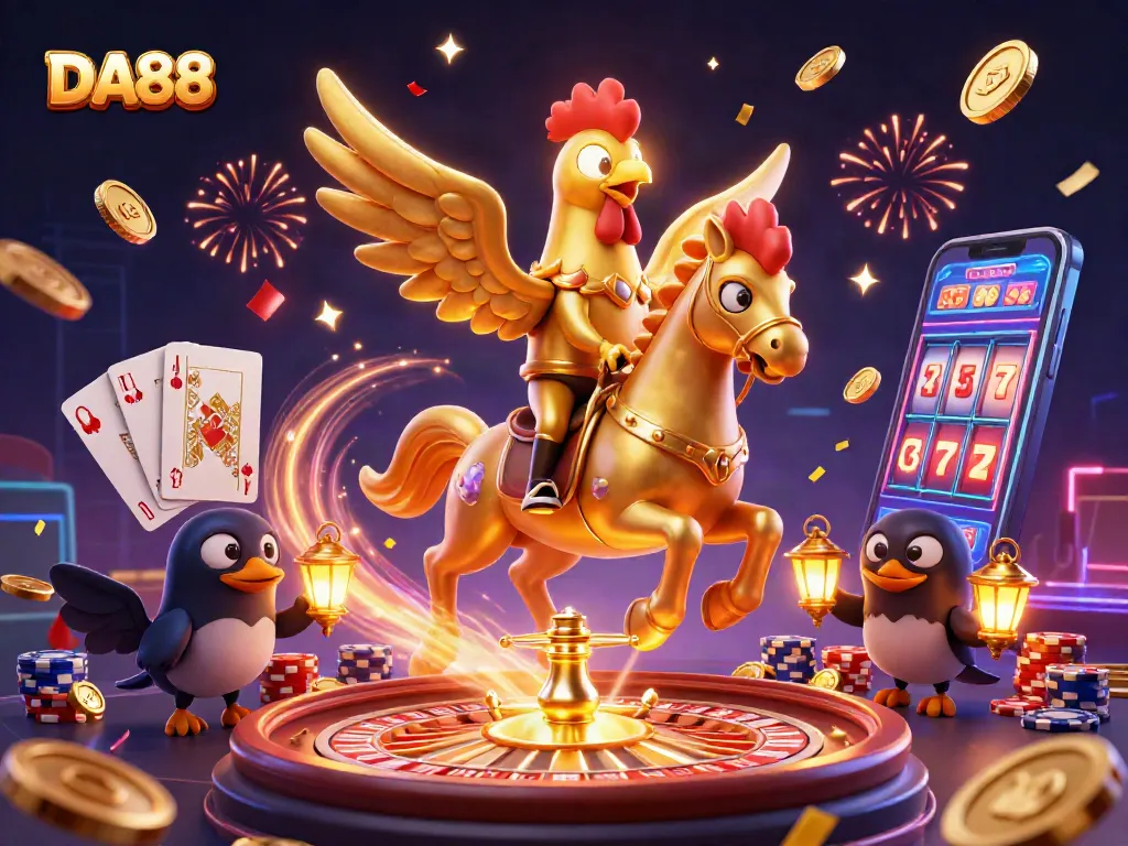Experience thrilling gameplay with DA88 casino elements in a vibrant, festive 3D scene.