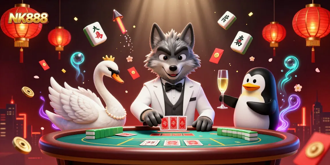 Experience the thrill of NK888 with a lively casino scene featuring dynamic card games and charming characters.