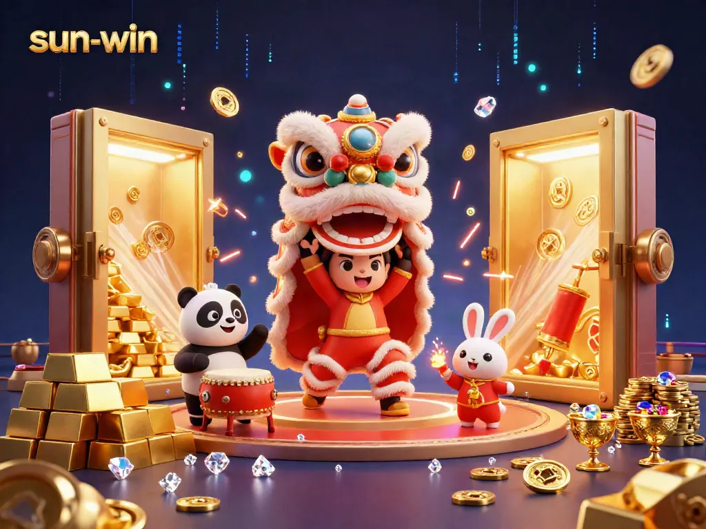 Experience the excitement of sun-win with vibrant casino illustrations featuring jewel-filled treasures and festive characters.