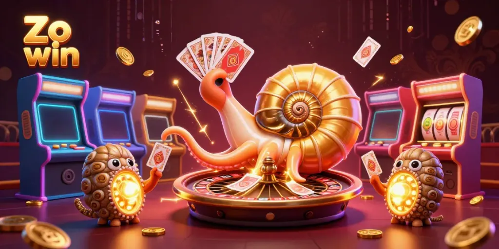Experience the thrill of Zo win in a vibrant 3D casino scene featuring a giant nautilus roulette wheel.