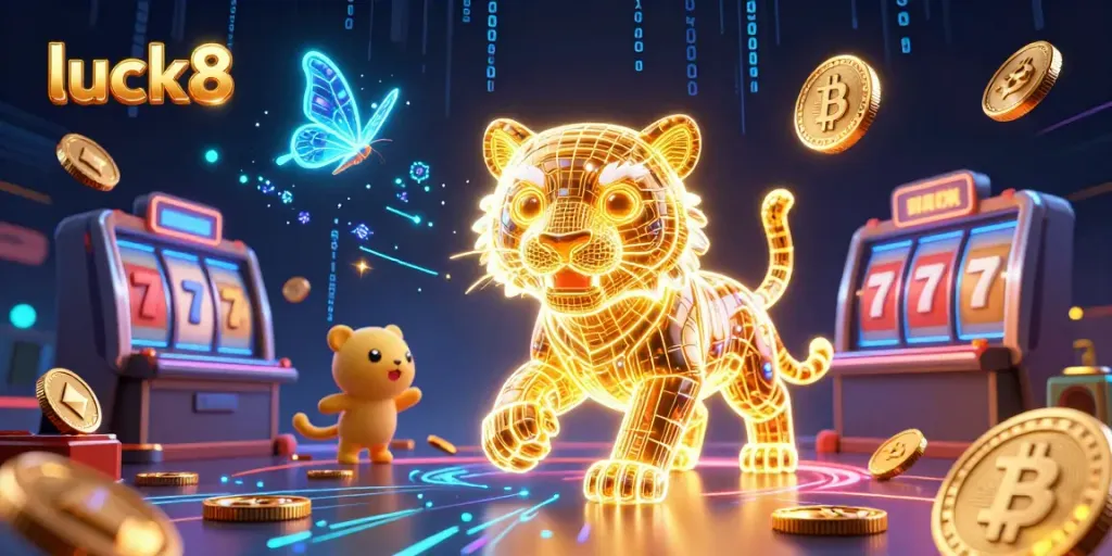 Engage with luck8 in a vibrant digital casino scene featuring a neon tiger and slot reels.