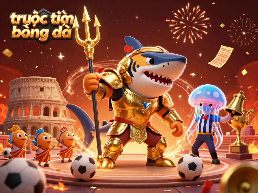 Experience trực tiếp bóng đá thrills with dynamic sports betting visuals featuring a shark in gladiator armor.