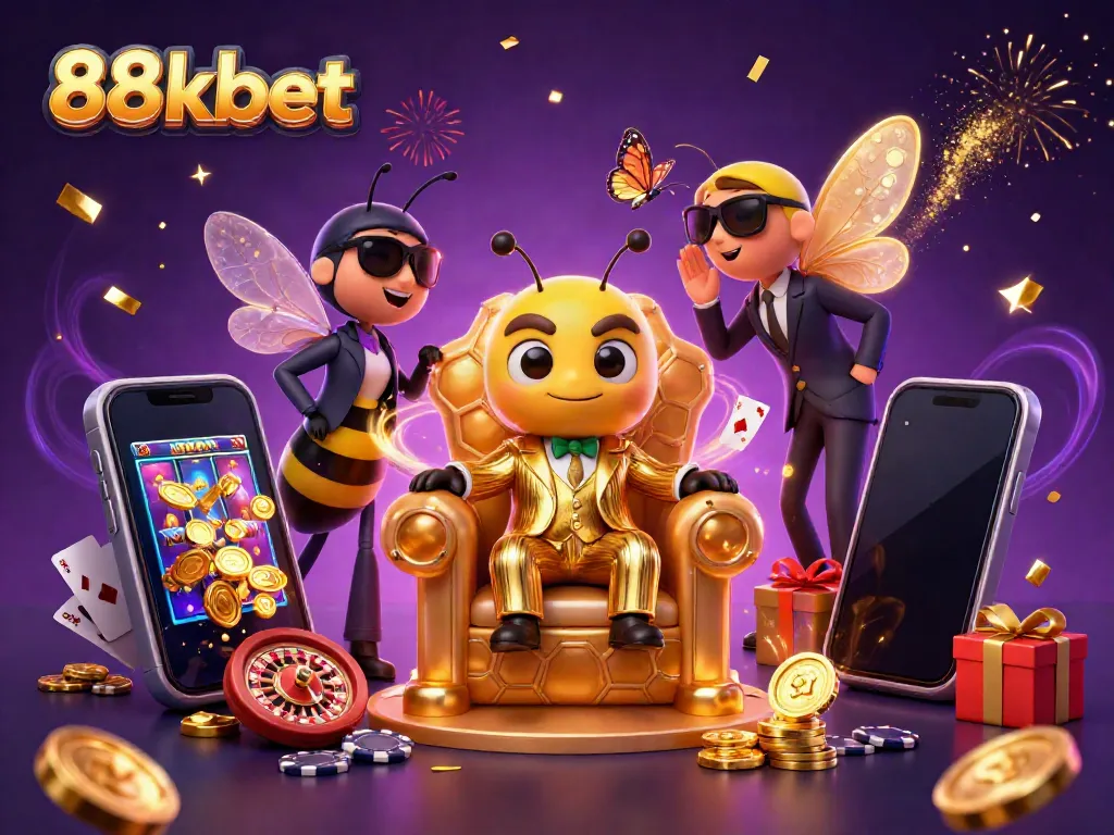 88kbet scene featuring a bumblebee boss, slot games, and gold coins celebrating casino victories