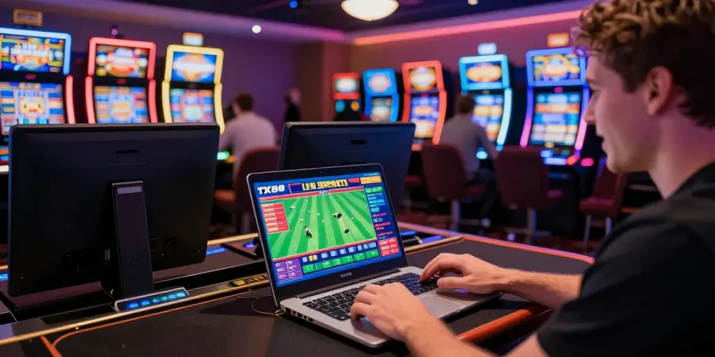 Engaged user at http://tx88-onl.net/ enjoying fast-paced online betting experience with vibrant casino backdrop.
