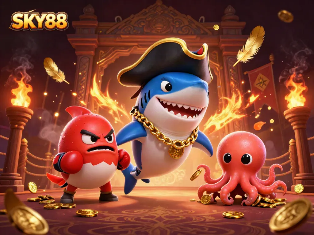 Join the action with SKY88 featuring a pirate shark and friends in a vibrant casino arena.