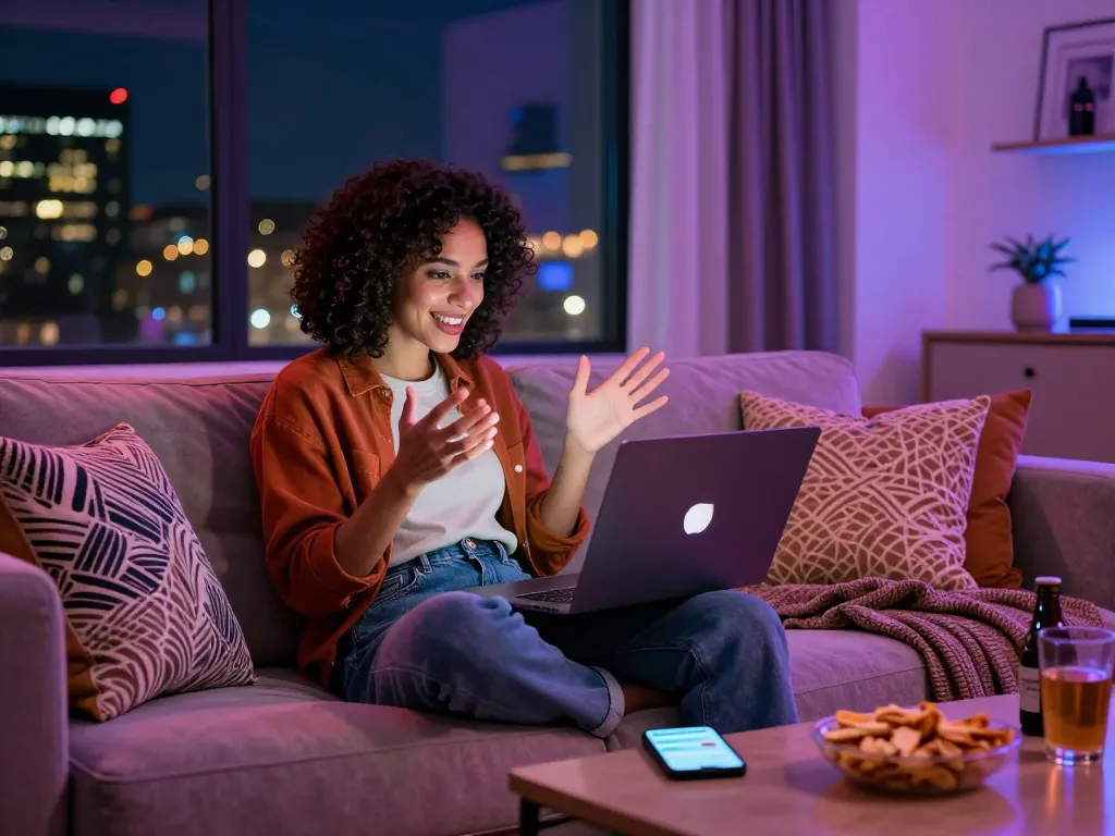 Engaging in lively sexchat online in a cozy, modern living room atmosphere