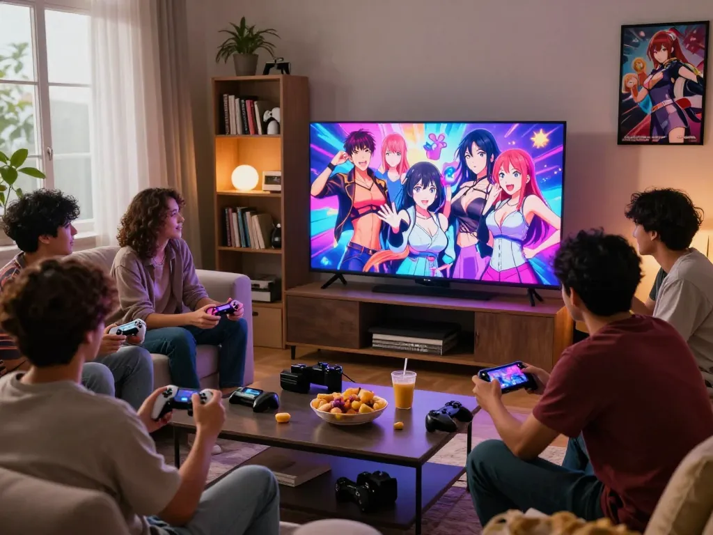 Group of friends enjoying lewdspot multiplayer games in a cozy living room.