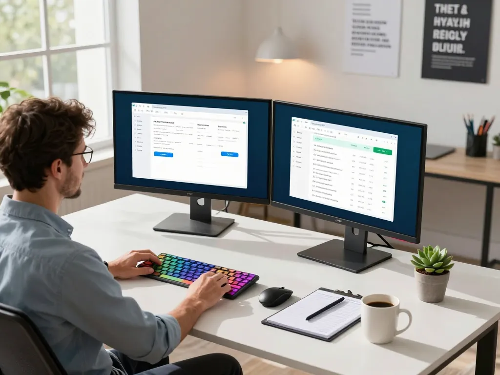 Tech gadgets for productivity in an inspiring modern office workspace with dual monitors and digital notepad.