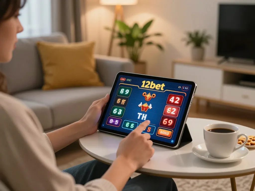 Người chơi tham gia trò chơi casino 12bet trên máy tính bảng trong một không gian ấm cúng tại nhà, nhấn mạnh việc cờ bạc trực tuyến.