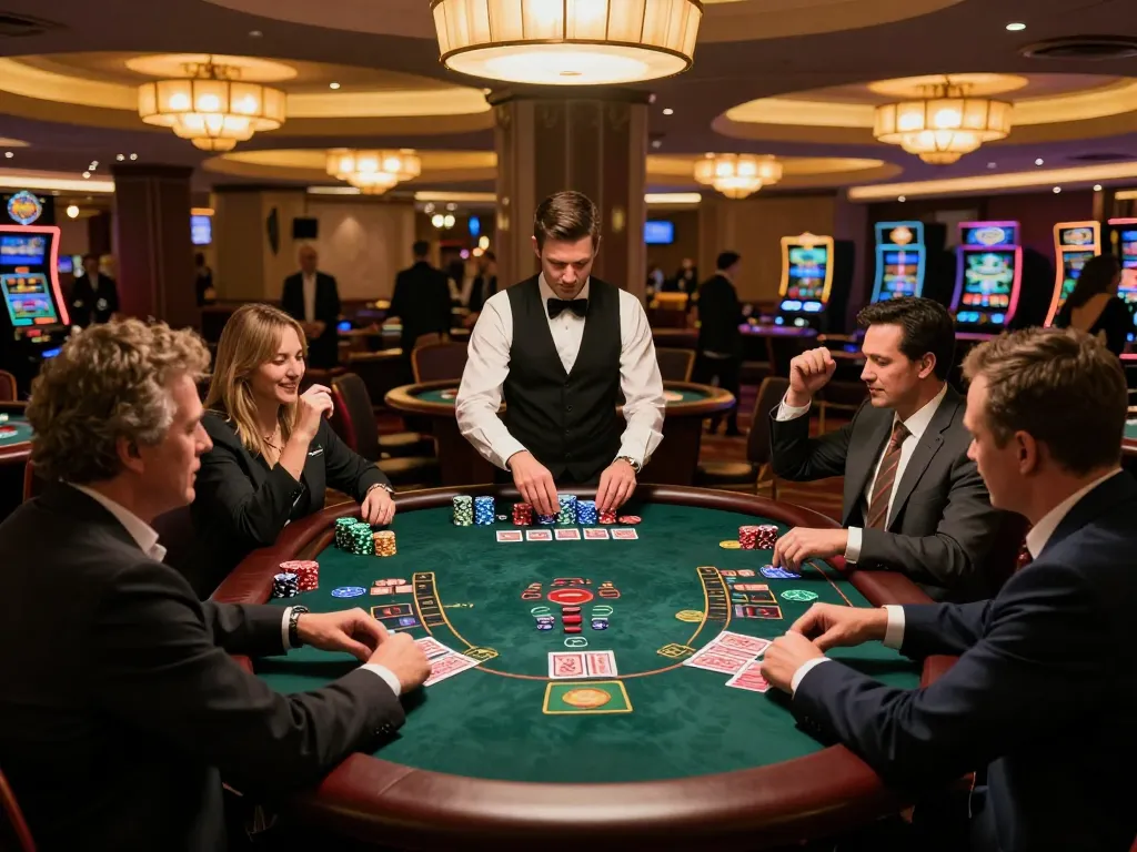 Engaged players at a nohu blackjack table strategizing their bets under soft ambient casino lighting.