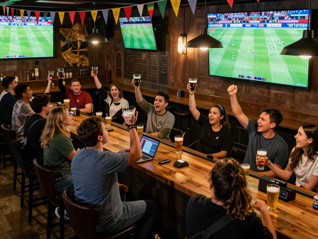 Cheerful fans at Luongsontv sports bar placing bets while enjoying a live football match.